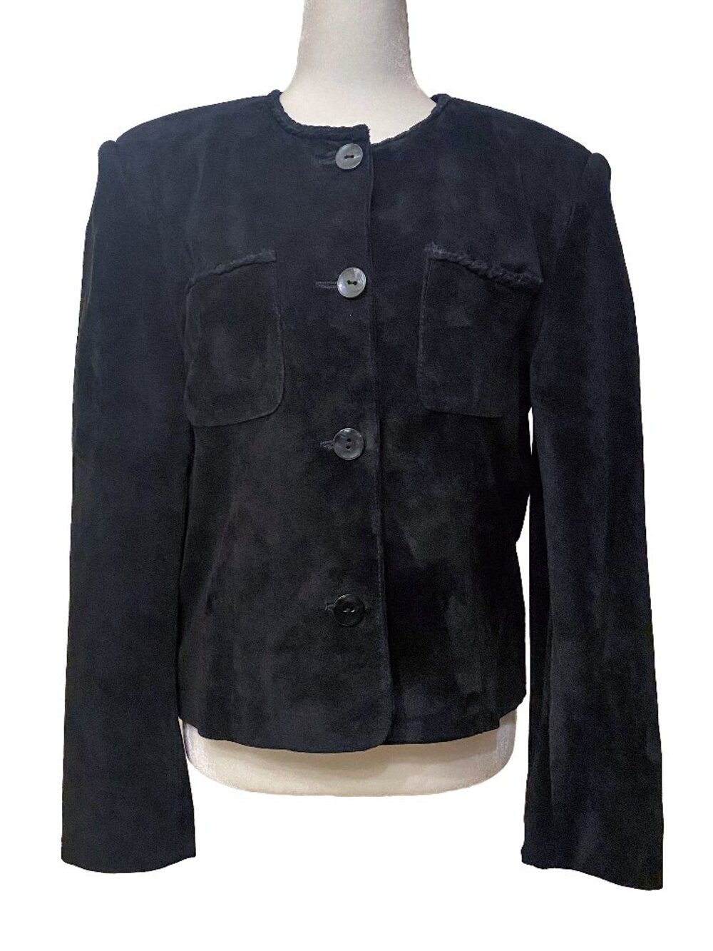 Vintage LORD & TAYLOR Black Suede Collarless Jacket - Size 8